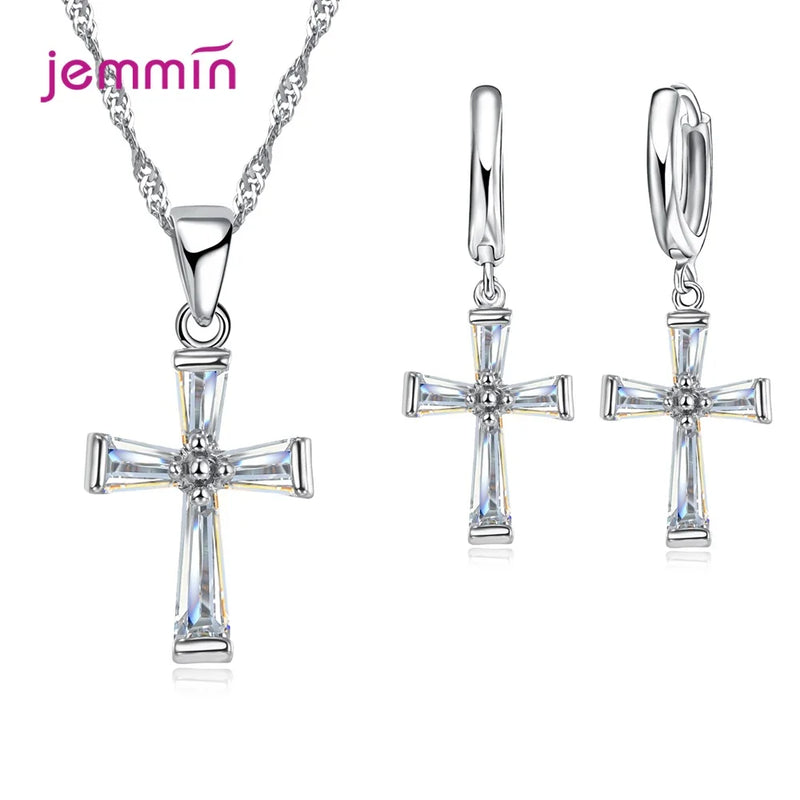 Fashion Jewelry Set For Women Girls 925 Silver  Jewelry Set Crossing Pendant Necklace Hoop Earrings Wedding Engagement