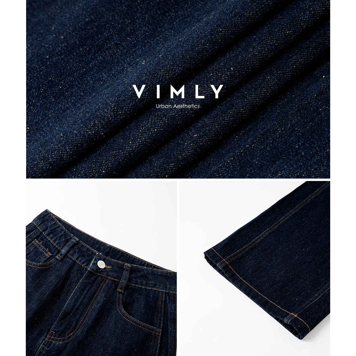 VIMLY Navy Blue Denim Woman Pants Autumn 2025 New Vintage Clothing Pockets Mid-waist Loose Female Trousers Women Clothes 75125