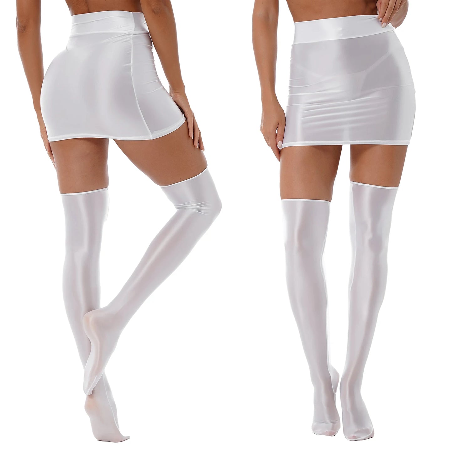 Women's Shiny Skirt Set Glossy Solid Color Lingerie Suit with Stockings Rave Bar Pole Dance Outfit Clubwear Performance Femme