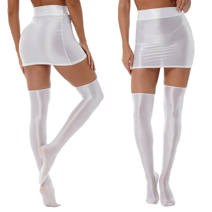 Women's Shiny Skirt Set Glossy Solid Color Lingerie Suit with Stockings Rave Bar Pole Dance Outfit Clubwear Performance Femme