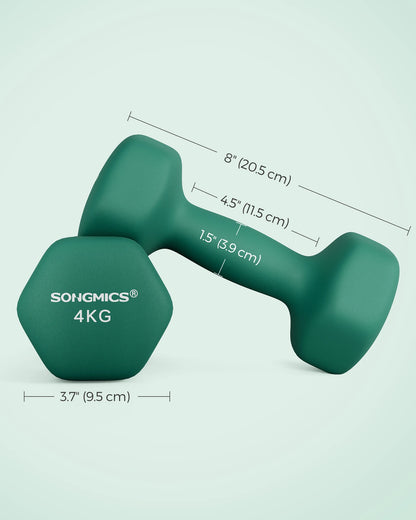 SONGMICS Set of 2 Dumbbells, 2 x 4 kg Hand Weights with Neoprene Coating, Hexagonal Dumbbells Pair, Home Workout
