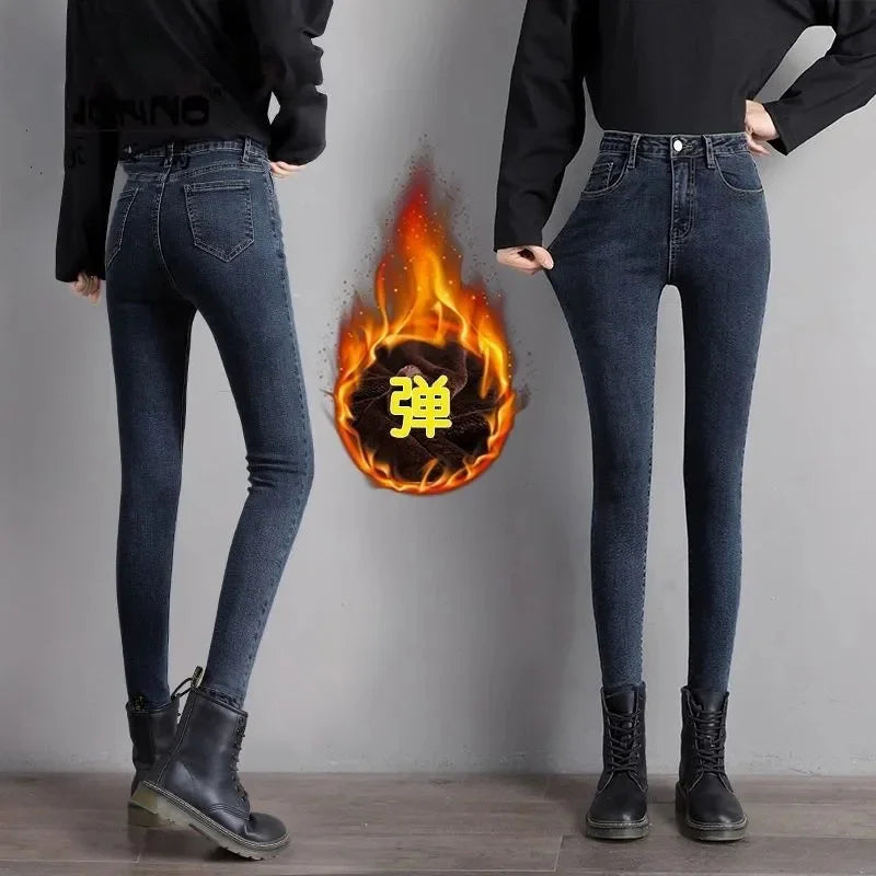 Women High Waist Thermal Jeans Winter Warm Stretchy Fleece Lined Denim Pants Leggings Blue Black Female Slim Pants Trousers