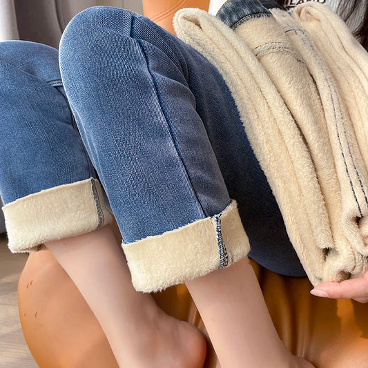 Womens Jeans Fleece Lined Thickened Winter Warm Straight Leg Loose Fit High Waist Slimming Trousers Y2k clothes Y2k jeans