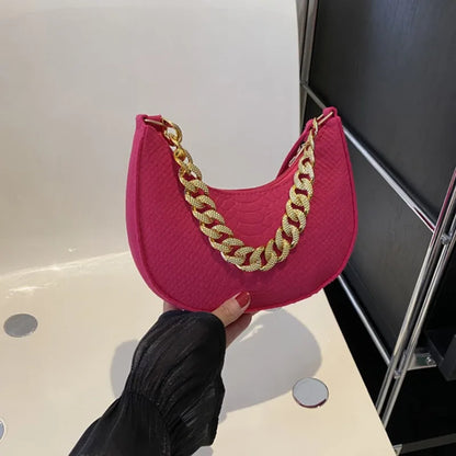 Fashion Women Felt Handbags Imitation Metal Chain Underarm Bag Retro Ladies Solid Color Shoulder Bag Trendy Casual Clutch Purse