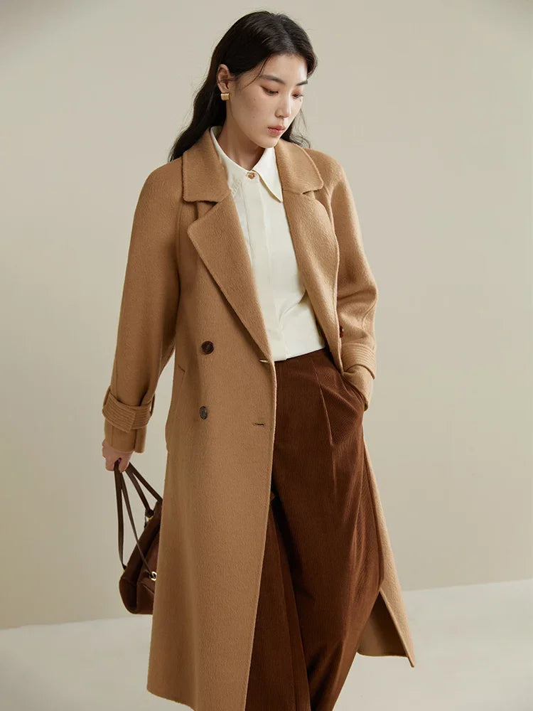DUSHU 100% Wool Temperament Camel Color Women Long Double Breasted Woolen Coat Raglan Sleeve Belt Design Female Wool Jackets