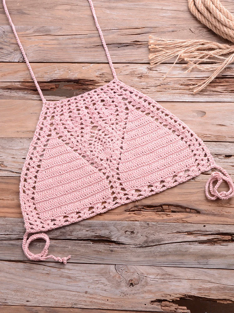 Sexy Crochet Bikinis Sets Handmade Knitted Cotton Swimwear Swimsuit Top + Bottom Bandage Women Sexy Beachwear Biquinis