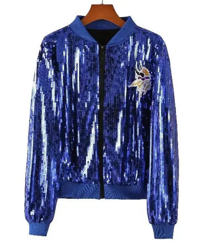 Autumn High Quality Letter Streetwear Sequined Long Sleeve Round Neck Loose Jacket Women Hip Hop Night Club Patchwork Coats