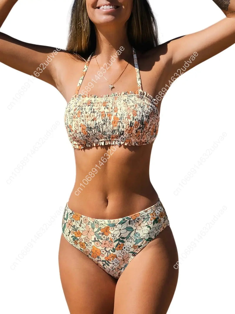 Bikini Set For Women Two Piece Swimsuit Bandeau Top Back Tie Mid Waisted Bottom With Removable Shoulder Straps