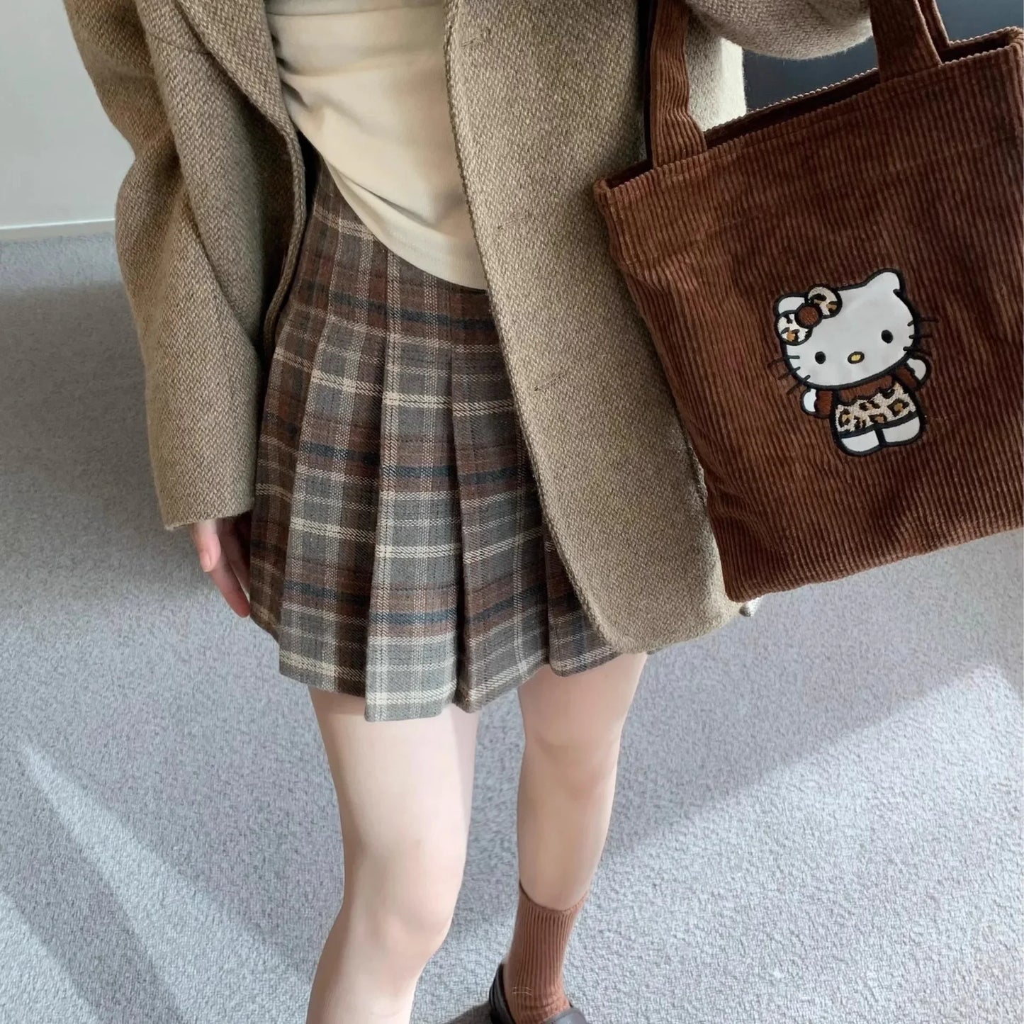 Retro Plaid Woolen Mini Skirt Women plus Size Spring Autumn Thickened Coffee Pleated Skirt Small Size High Waist A- Line Skirt