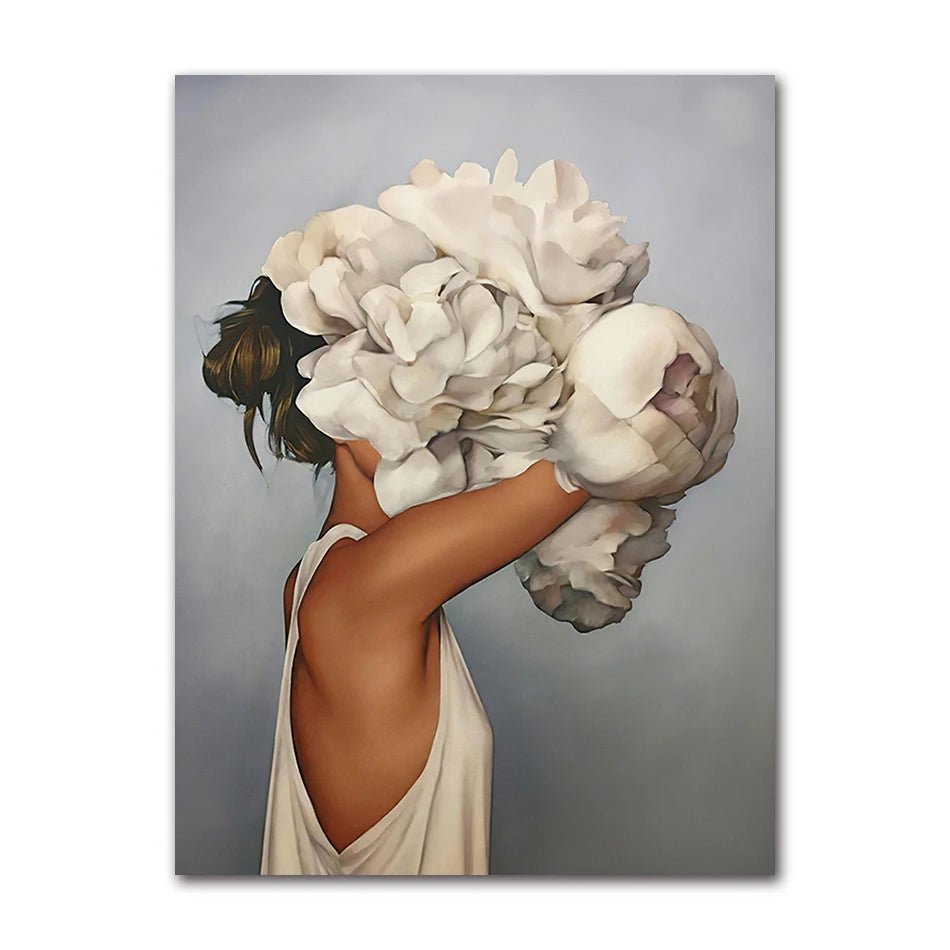 Decorative Painting Living Room Home Decoration Flowers Feathers Woman Abstract Canvas Painting Wall Art Print Poster Picture