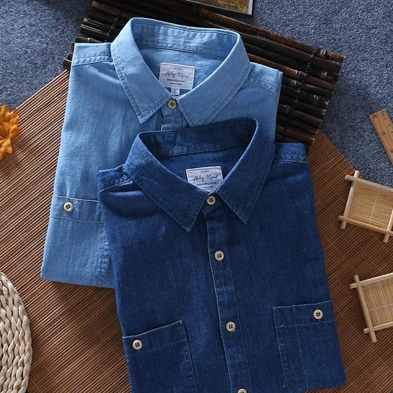 Schinteon Summer Men 100% Slub Cotton Shirt Short Sleeve Thin Slim Casual Denim Comfortable Shirt Two Front Pockets