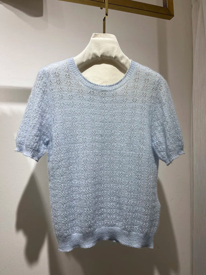 Women Hollow Out Long Sleeve Single Breasted Knitted Cardigan or Round Neck Short Sleeve Pullover