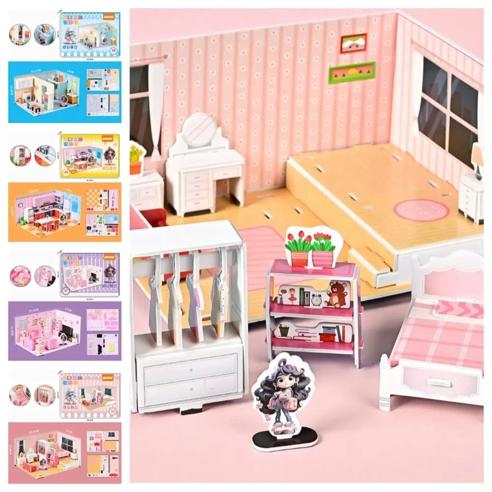 Bedroom DIY Puzzle Dollhouse Room Kitchen Bathroom Pretend Play Paper Doll House Living Room Cardboard 3D Paper Puzzle Room