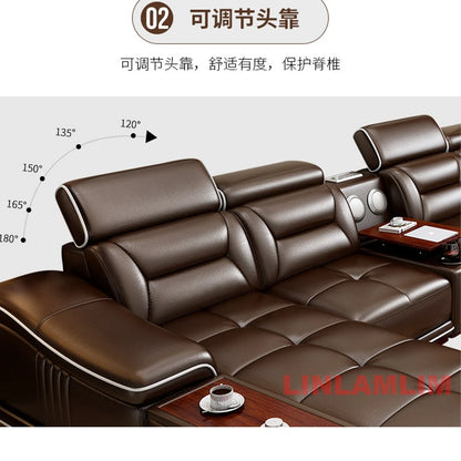 Modern L-Shaped Genuine Leather Sectional Sofa with Chaise Lounge, Adjustable Headrests, USB, Bluetooth Speaker & Cup Holder