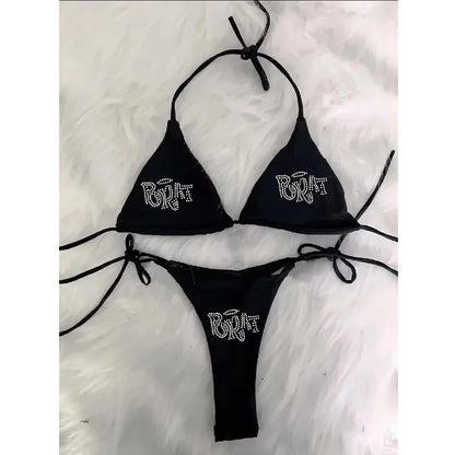 Vintage Spliced Diamond Bikini Set Swimwear Women Sexy Triangle Lace Up Micro Bikini Summer 2025 New Swimsuit Bikini Two Piece