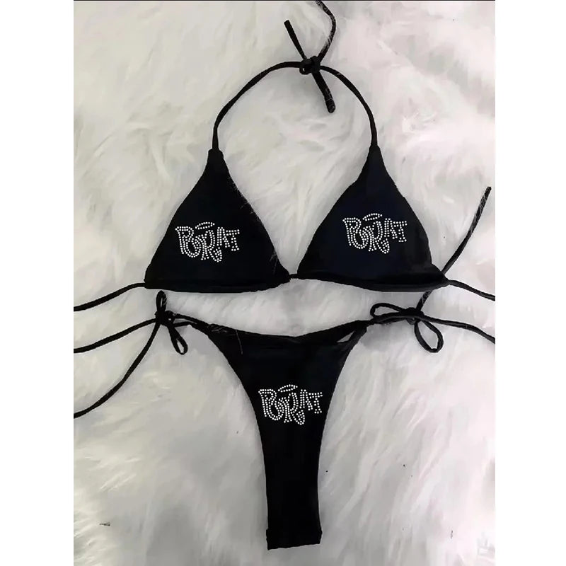Vintage Spliced Diamond Bikini Set Swimwear Women Sexy Triangle Lace Up Micro Bikini Summer 2025 New Swimsuit Bikini Two Piece