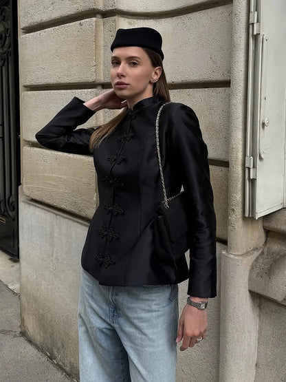 Chic Satin Women Short Buttoned Coat Elegant Round Neck Single Breasted Cinched-waist Crop Jacket 2026 Lady Commute Street Coats