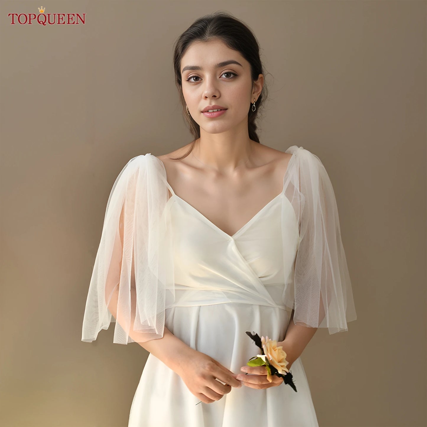 TOPQUEEN VG40 DIY Mini Shoulder Veil Wedding Veil Short Bride Jackets Bolero with Sleeves Bridesmaid Dress Decoration Evening