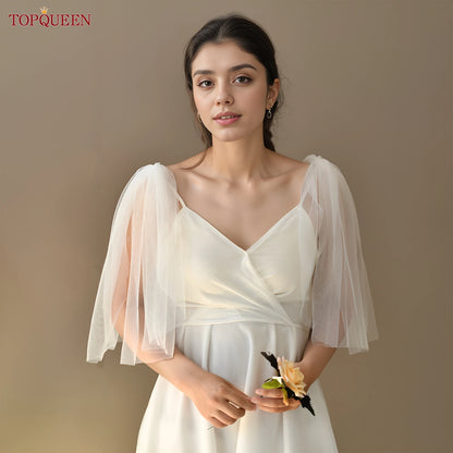 TOPQUEEN VG40 DIY Mini Shoulder Veil Wedding Veil Short Bride Jackets Bolero with Sleeves Bridesmaid Dress Decoration Evening