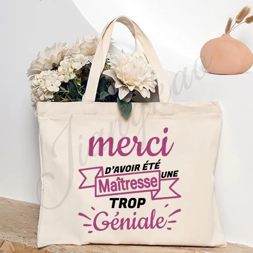 Thank You Teacher French Print Women Shoulder Bag CanvasShopping Bags Female Handbags Reusable Tote Bag Best Gifts for Maitresse