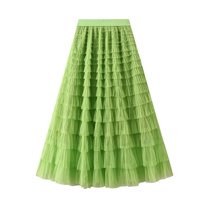 New Arrival 2025 Tulle Cake Long Skirt Women Spring Summer Ruffle Pleated A-Line Chic Skirt Ladies Sweet Black White Tutu Skirts