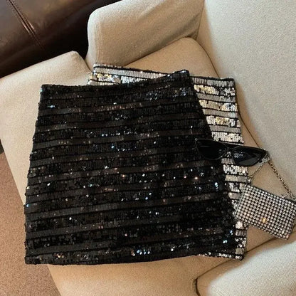 French silver-gray sequined skirt female spring and autumn new temperament hip skirt spice girl anti-exposure A-line skirt