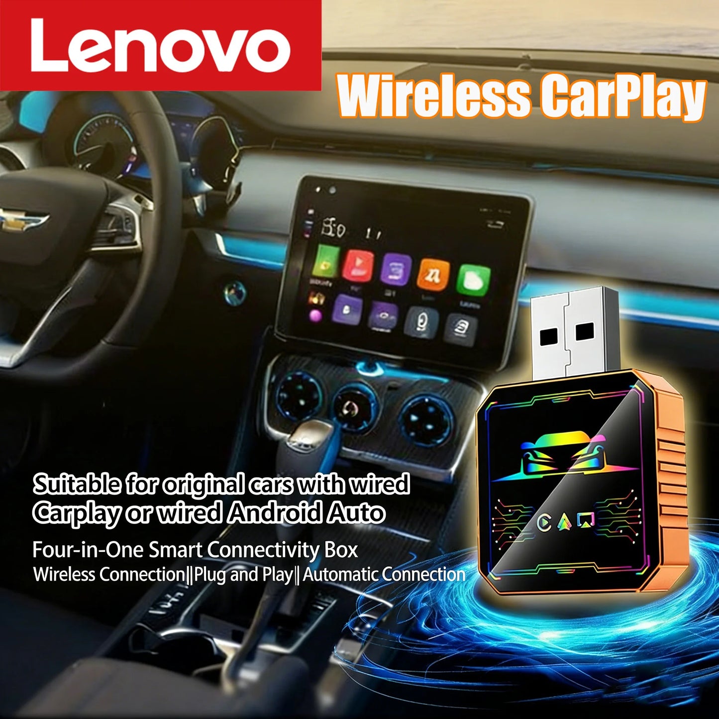 Lenovo 4-in-1 Wireless Car Connectivity Smart CarPlay Box Screen Mirroring and Audio Playback for Android and iOS Devices