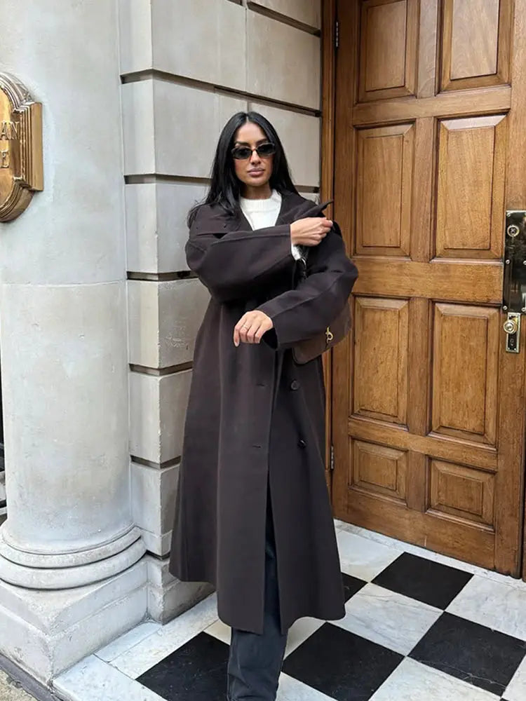 Retro Solid Stand Collar Long Tweed Coat Women 2025 Fashion Large Lapel Single Breasted Coats With Belt Lady Chic Street Outwear