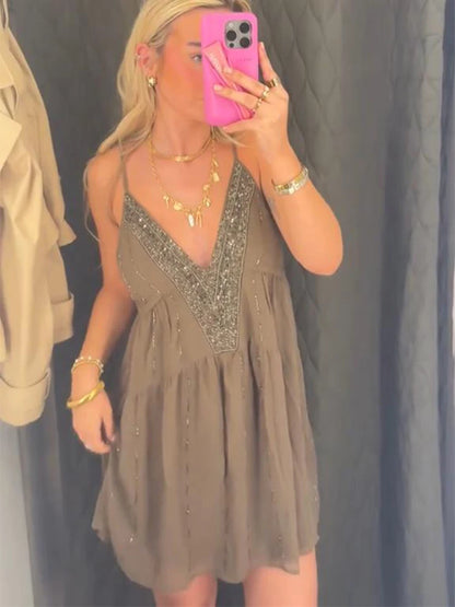 Sexy Backless Sequin Dress Women V-neck Sleeveless Loose Sling Female Mini Dresses 2025 Summer Chic Street Party Beach Lady Robe