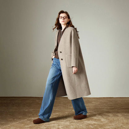 TOYOUTH Women Woolen Coat 2025 Winter New V Neck Mid Length Retro Female Overcoat Jacket Camel Black Gray