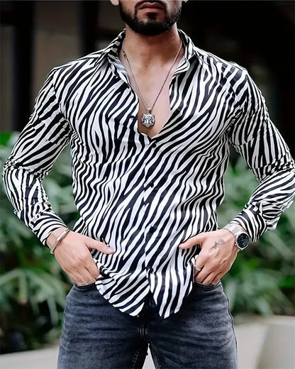 2024 Fashion Leopard Print Men's Long Sleeve Shirt Fashion Casual Button Lapel Tops Men's Spring  Autumn Top Men's Shirt
