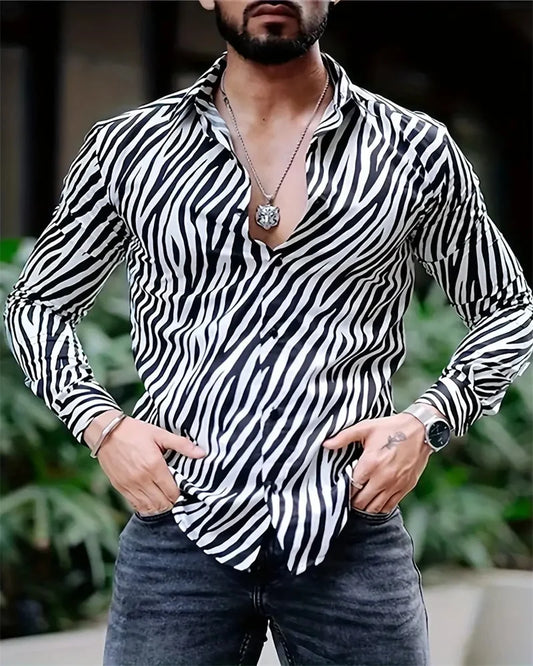 2024 Fashion Leopard Print Men's Long Sleeve Shirt Fashion Casual Button Lapel Tops Men's Spring  Autumn Top Men's Shirt