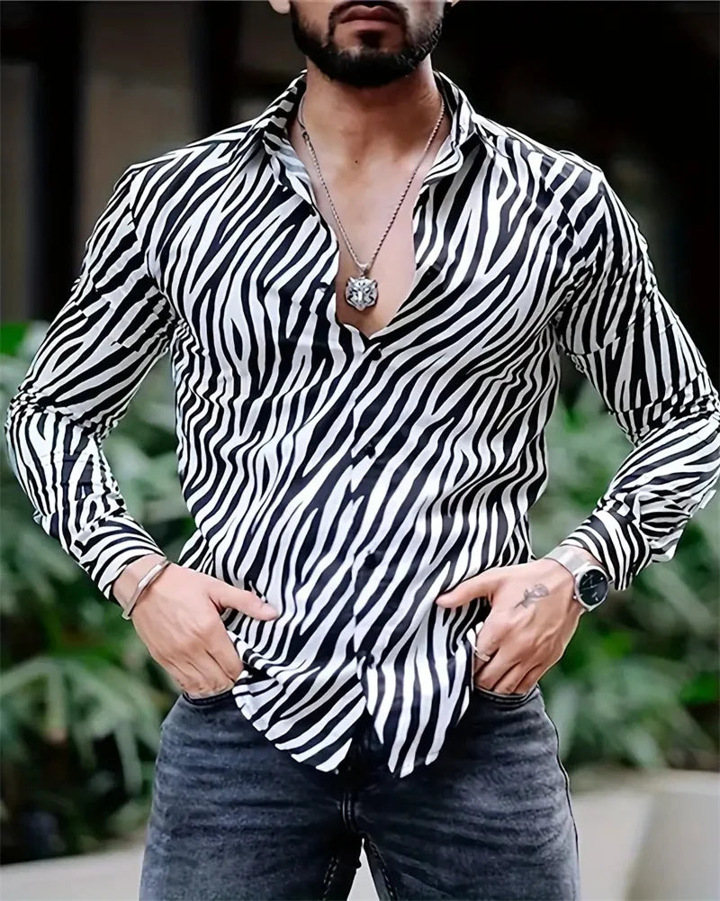 2024 Fashion Leopard Print Men's Long Sleeve Shirt Fashion Casual Button Lapel Tops Men's Spring  Autumn Top Men's Shirt
