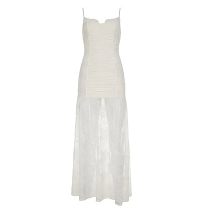 Sexy Lace Spaghetti Strap Dress Women Sleeveless Backless See Through Slim Split Long Dresses 2026 Spring Holiday Lady Robes