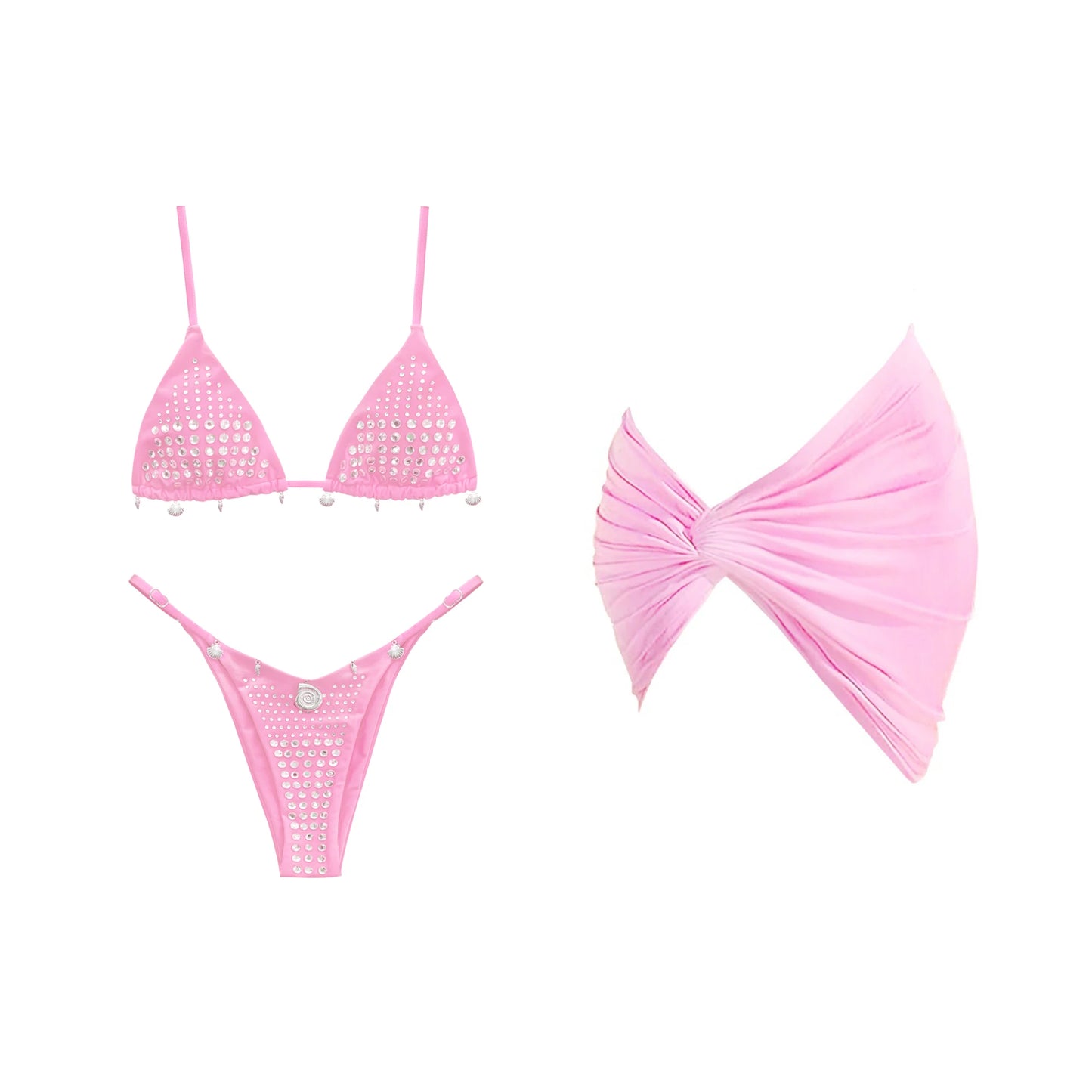Bikini Swimsuit with Cover Up Rhinestones Brazilan Bikini Set Swimwear for Women Sexy Halter Bathing Suit Summer Female
