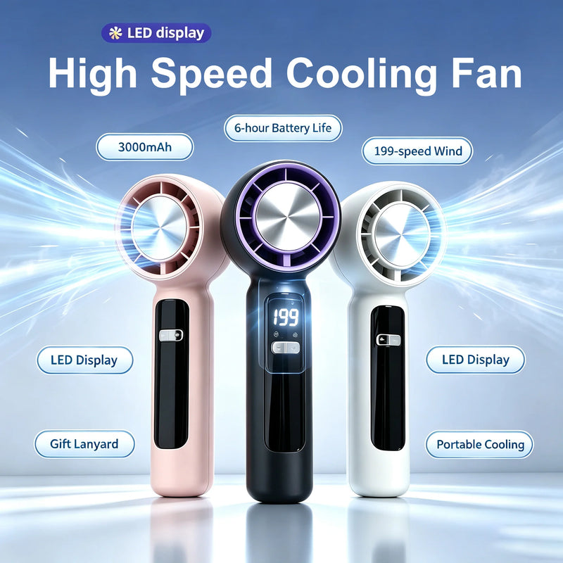 Portable Handheld Fan with LED Display & Lanyard 199-speed High Speed Turbo Wind Summer Cooling Fan 3000mAh 6Hours Battery Life