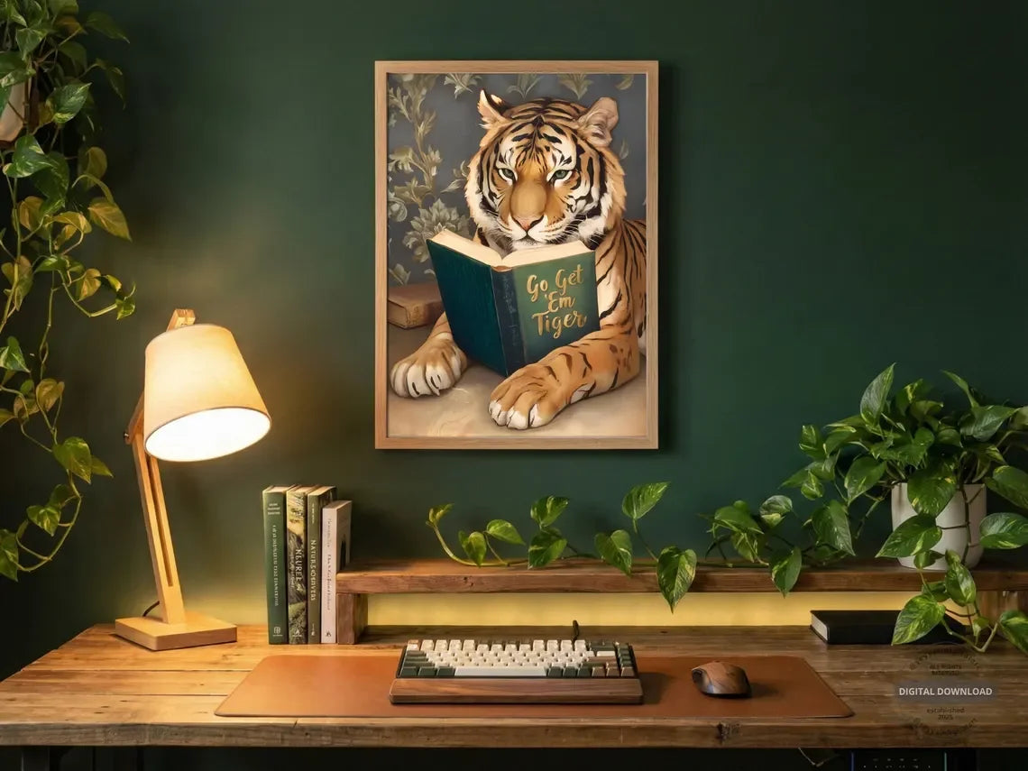 Humorous Bookworm Wall Art Decor for Library Office Study - Unique Theme Home Decorative Painting