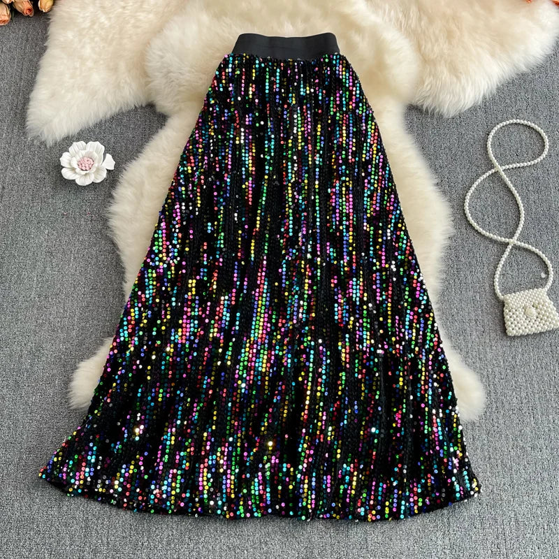 Spring Autumn Korean Sle High Waist Slimming Midi Length Knee-Over A-Line Skirt Faionable Elastic Waist iny Sequins Ful...