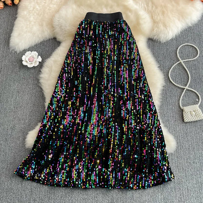 Spring Autumn Korean Sle High Waist Slimming Midi Length Knee-Over A-Line Skirt Faionable Elastic Waist iny Sequins Ful...