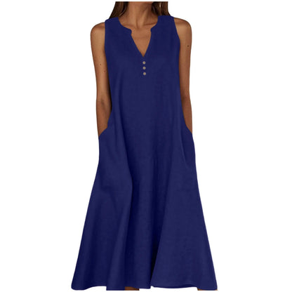 Women's Summer Casual V-neck Button Solid Color Sleeveless Long Dress With Pockets Female Elegant Trendy Casual Loose Dresses