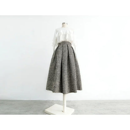2025 New Fashion Tweed with Pocket Knee Length Skirt Winter Women Vintage Thickened High Waist Pleated A-Line Skirts Faldas