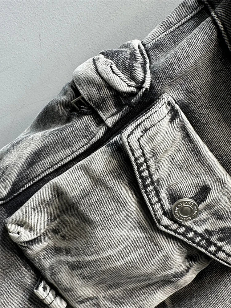 DEAT Women's Jeans Gradient Grey Loose Multiple Pockets Straight Wide Leg Denim Cargo Pants 2026 Summer New Fashion 29L3268