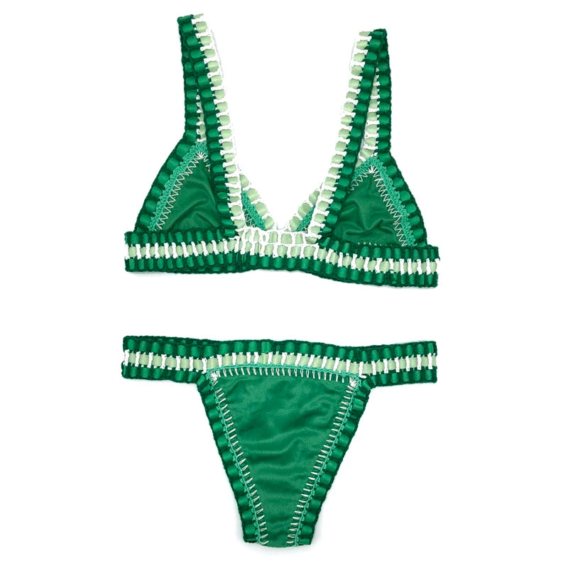 Women Green Velvet Bikini Set Sexy Handmade Crochet Black Swimwear Girls Pink Swiming Beachwear Triangle Bathing Suit Swimsuit