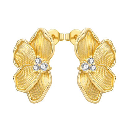 Original 925 Sterling Silver Fashion Zircon 18K Golden Petal Stud Earrings for Women Birthday Party Accessories Gifts Jewellery