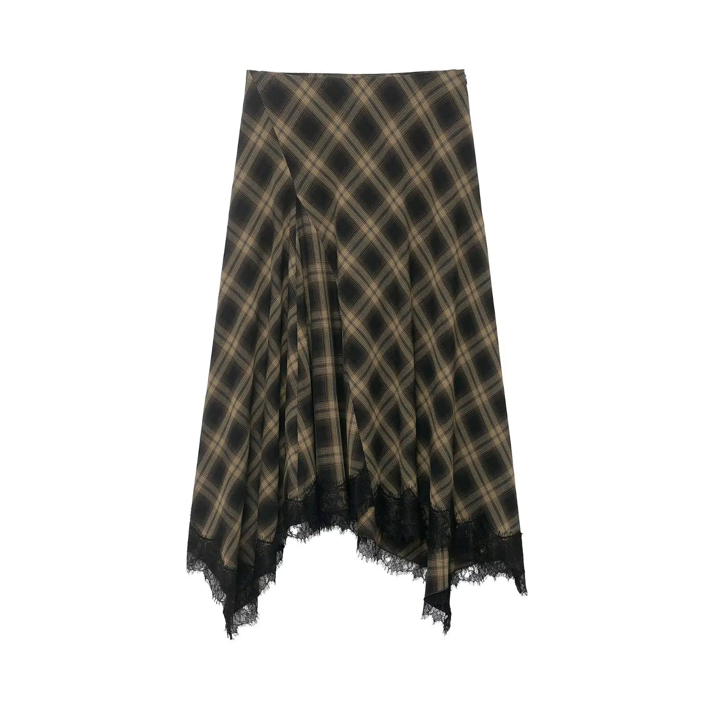 HipSeam Women Check Lace Skirt Spring Summer Casual Mid Waist Women's Side Zip Lady Skirts Asymmetric Hem Female Chic Skirts
