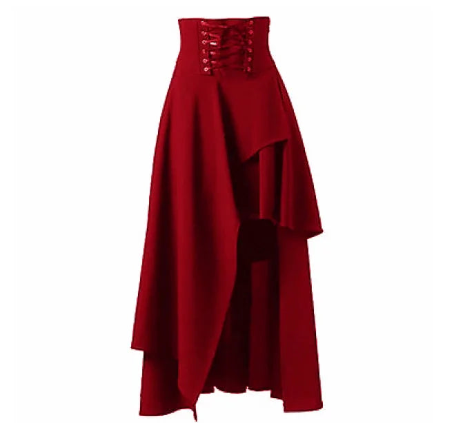 High Low Skirt Gothic Punk Lace Up Cincher Maxi Skirt Rock Hippie Pirate Draped Outfit Halloween Costume For Women