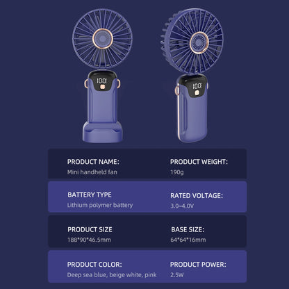Portable Fan Mini Handheld Electric Fan with LED Sceen Battery Display Support 5 Adjustable Wind Speed Silent Operation Foldable