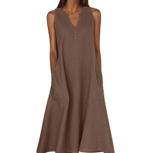 Women's Summer Casual V-neck Button Solid Color Sleeveless Long Dress With Pockets Female Elegant Trendy Casual Loose Dresses