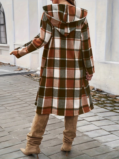 A new autumn and winter women's casual loose color-blocking button-down hooded long coat from Europe and America