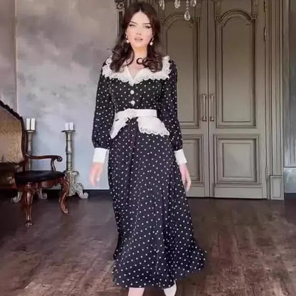 Fashion Slim Print Women'S Dress Elegant Doll Collar Long Sleeve Office Midi Dresses Casual High Waist Female Dress